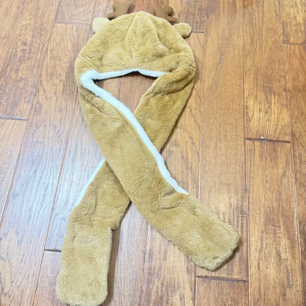 Claire's Reindeer Plush Hood Scarf Mittens Combo Brown Faux Fur‎ Deer Antlers